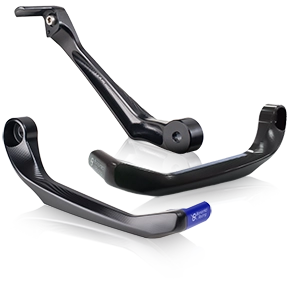 Two black aluminum motorcycle lever guards, one with a blue end piece.
